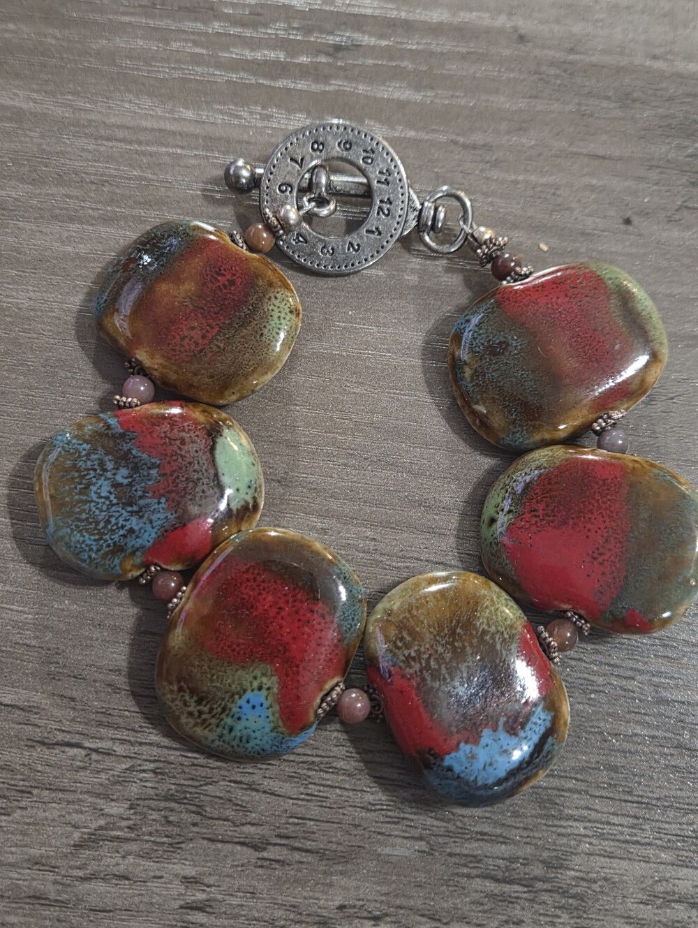 Chunky Glazed Ceramic Bead Bracelet Multicolor Boho Clock Face Toggle Clasp